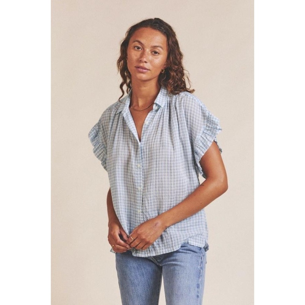 Trovata Birds Of Paradise Marianne Ruffle Sleeve Blue Gingham Top S Oversized